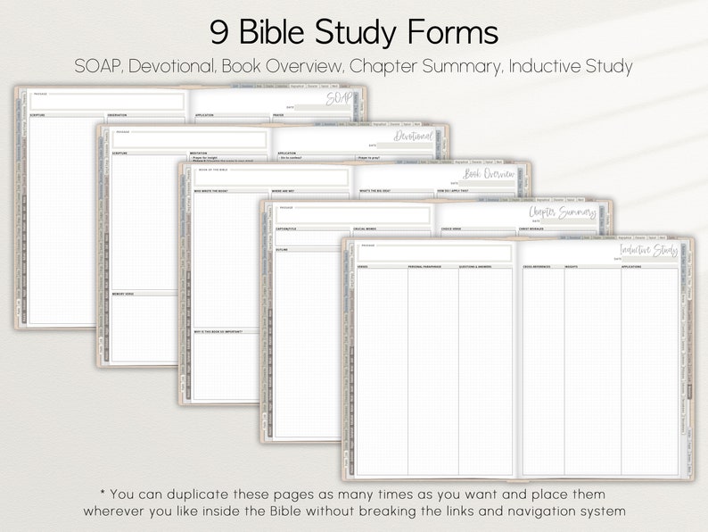 Op de afbeelding: Negen printbare Bijbelstudieformulieren met de titels: SOAP, Devotional, Book Overview, Chapter Summary en Inductive Study. Elk formulier heeft een rasterindeling met lijnen om op te schrijven.