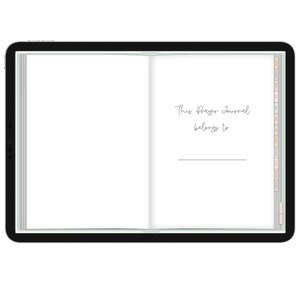 Pode incluir: Um tablet digital com uma tela branca aberta para uma p&aacute;gina em branco. A p&aacute;gina tem o texto "This Prayer Journal belongs to" escrito nela. O tablet &eacute; preto com uma borda verde claro.