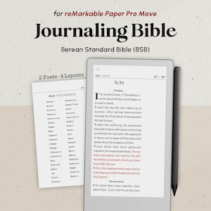 Könnte beinhalten: Eine digitale Journaling-Bibel mit dem Text "Journaling Bible" und "Berean Standard Bible (BSB)". Das Bild zeigt ein Tablet mit Text aus dem Buch der Apostelgeschichte, einen Stift und eine Seite mit den Büchern des Alten Testaments. Der Text "2 Fonts 4 Layouts" ist ebenfalls sichtbar.