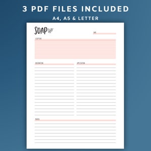 May include: Printable SOAP journal page with sections for Scripture, Observation, Application, and Prayer. The page is designed for use with the SOAP Bible study method. The page is available in three sizes: A4, A5, and Letter.