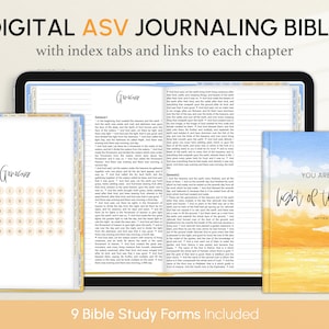 May include: A digital journaling Bible with index tabs and links to each chapter. The Bible is open to the book of Genesis, with a calendar of chapters on the left page and the text of the Bible on the right page. The image also includes a small, watercolor-style image of a sunset with the text "You are the light of the world" and a reference to Matthew 5:14.