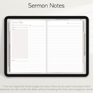Op de afbeelding: Een digitale tablet die een pagina uit een preeknotitie-planner weergeeft. De pagina is verdeeld in twee secties, een voor preeknotities en een voor reflecties. De pagina heeft een titel die "Sermon Notes" zegt.
