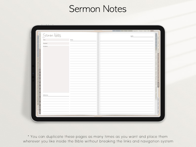 Op de afbeelding: Een digitale tablet die een pagina uit een preeknotitie-planner weergeeft. De pagina is verdeeld in twee secties, een voor preeknotities en een voor reflecties. De pagina heeft een titel die "Sermon Notes" zegt.
