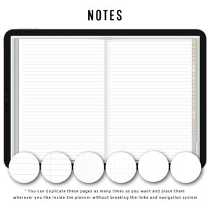 Pode incluir: Um planejador digital aberto em uma p&aacute;gina com papel pautado. O planejador tem uma capa verde e branca e uma moldura preta. A imagem tamb&eacute;m mostra cinco estilos de papel diferentes: pautado, quadriculado, gr&aacute;fico, quadriculado com pontos e em branco.
