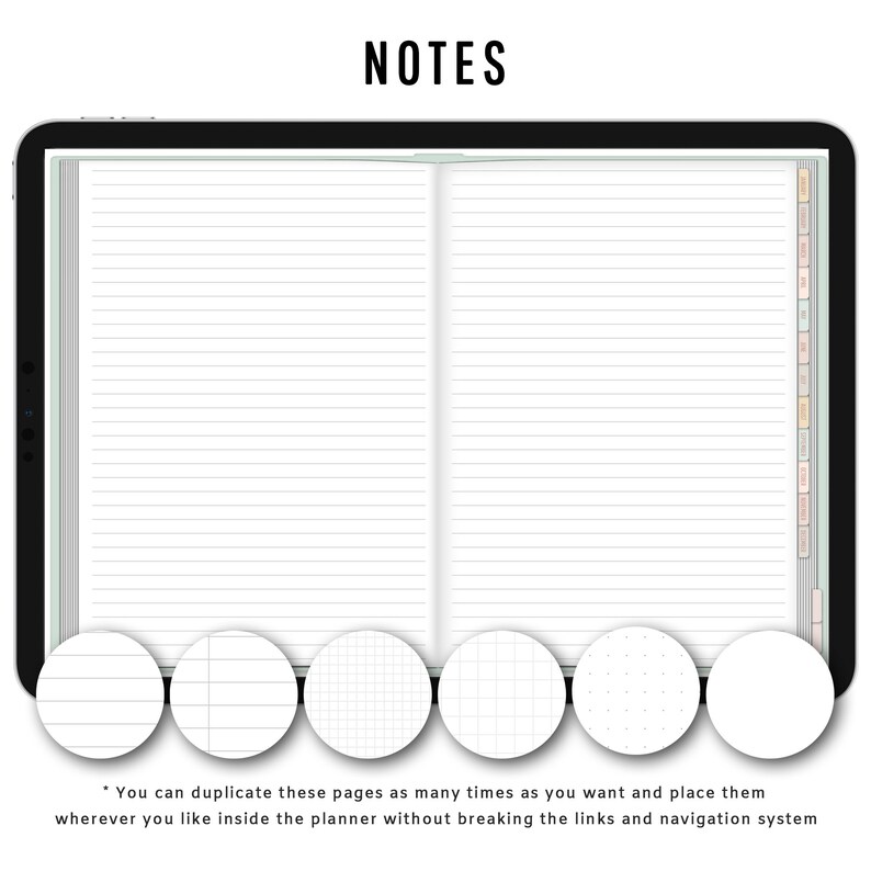 Pode incluir: Um planejador digital aberto em uma p&aacute;gina com papel pautado. O planejador tem uma capa verde e branca e uma moldura preta. A imagem tamb&eacute;m mostra cinco estilos de papel diferentes: pautado, quadriculado, gr&aacute;fico, quadriculado com pontos e em branco.