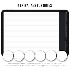 May include: A digital planner with four extra tabs for notes. The tabs have different paper styles: lined, grid, graph, and dotted. The text on the screen reads "4 EXTRA TABS FOR NOTES".