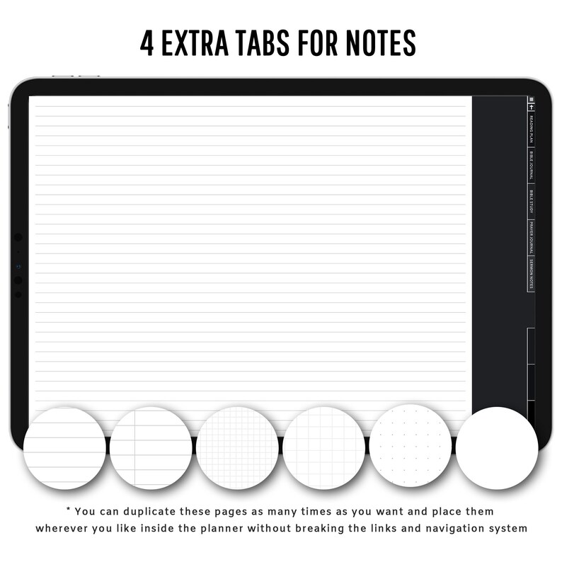 May include: A digital planner with four extra tabs for notes. The tabs have different paper styles: lined, grid, graph, and dotted. The text on the screen reads "4 EXTRA TABS FOR NOTES".