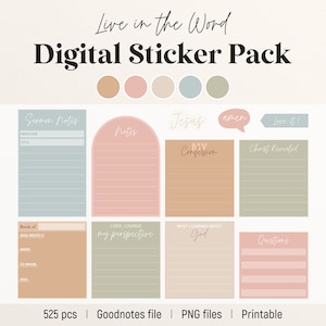 Könnte beinhalten: Digitaler Sticker-Pack mit 525 Stickern für Goodnotes. Die Sticker sind in verschiedenen Farben gehalten und zeigen religiöse Motive wie "Jesus", "Mein Bekenntnis" und "Amen".