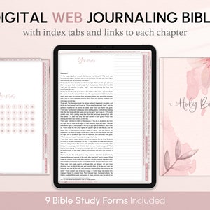 Könnte beinhalten: Eine digitale Web-Journaling-Bibel mit rosafarbenen floralen Akzenten. Das Cover zeigt den Text "Holy Bible" in einer kursivschriftlichen Schriftart. Das Bild zeigt ein digitales Tablet, auf dem das Buch Genesis mit einem Kalender und 9 Bibelstudienformularen angezeigt wird.