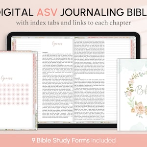 May include: Digital ASV Journaling Bible with index tabs and links to each chapter. The cover features a floral wreath with pink roses and green leaves on a light blue background. The text "Bible" is in a silver font.