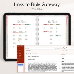 Pode incluir: Uma B&iacute;blia ESV digital exibida em um tablet, com o texto "Links to Bible Gateway" no topo. As p&aacute;ginas abertas mostram o Antigo e o Novo Testamento, com uma tabela de conte&uacute;do detalhada. Uma barra lateral fornece links adicionais.