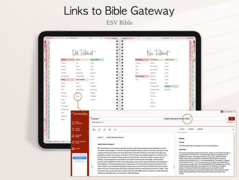 Pode incluir: Uma B&iacute;blia ESV digital exibida em um tablet, com o texto "Links to Bible Gateway" no topo. As p&aacute;ginas abertas mostram o Antigo e o Novo Testamento, com uma tabela de conte&uacute;do detalhada. Uma barra lateral fornece links adicionais.