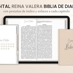 May include: A digital planner with a beige cover and the text "Santa Biblia" in cursive script. The planner is open to the book of Matthew in Spanish, with tabs for each chapter. The planner also includes a calendar page with the text "San Mateo" at the top.