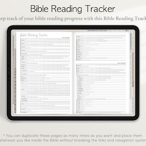 Op de afbeelding: Een digitale tablet met een afdrukbare Bijbellees-tracker. De tracker is verdeeld in twee secties: Oude Testament en Nieuwe Testament. Elke sectie bevat een lijst met de boeken van de Bijbel en een raster om de gelezen dagen af te vinken.