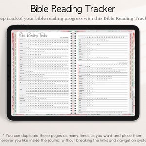 Pode incluir: Um rastreador digital de leitura da B&iacute;blia exibido em um tablet. O rastreador apresenta um layout detalhado com se&ccedil;&otilde;es para leituras do Antigo e Novo Testamento, com caixas de sele&ccedil;&atilde;o para acompanhar o progresso. O texto "Bible Reading Tracker" est&aacute; no topo.