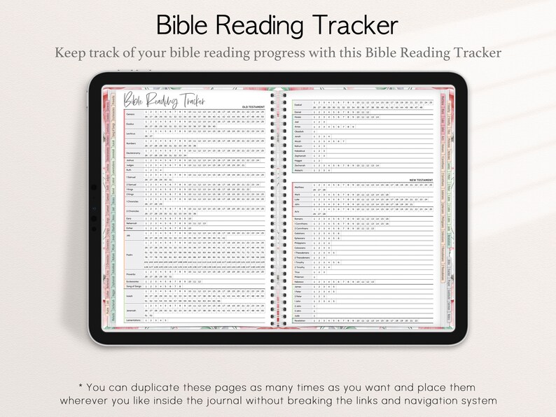 Pode incluir: Um rastreador digital de leitura da B&iacute;blia exibido em um tablet. O rastreador apresenta um layout detalhado com se&ccedil;&otilde;es para leituras do Antigo e Novo Testamento, com caixas de sele&ccedil;&atilde;o para acompanhar o progresso. O texto "Bible Reading Tracker" est&aacute; no topo.