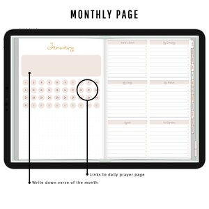 Pode incluir: Uma p&aacute;gina de planejador mensal com um calend&aacute;rio para janeiro, uma se&ccedil;&atilde;o para escrever um vers&iacute;culo do m&ecirc;s e uma se&ccedil;&atilde;o para pedidos de ora&ccedil;&atilde;o di&aacute;rios. O planejador foi projetado para ajudar os usu&aacute;rios a organizar seus pensamentos e ora&ccedil;&otilde;es.
