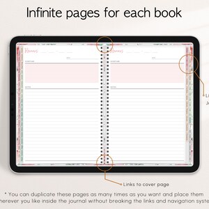Pode incluir: Layout de p&aacute;gina de di&aacute;rio digital em um tablet, com um design em espiral com p&aacute;ginas pautadas para escrituras e anota&ccedil;&otilde;es. O layout inclui detalhes em rosa e verde, com o texto "Romanos" no topo. A imagem tamb&eacute;m destaca links para as p&aacute;ginas do di&aacute;rio e a p&aacute;gina de capa.
