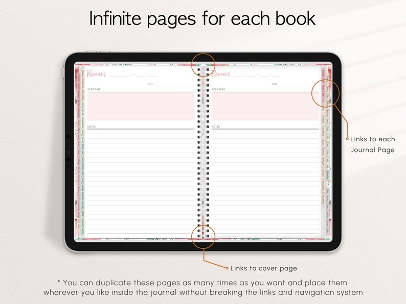 Pode incluir: Layout de p&aacute;gina de di&aacute;rio digital em um tablet, com um design em espiral com p&aacute;ginas pautadas para escrituras e anota&ccedil;&otilde;es. O layout inclui detalhes em rosa e verde, com o texto "Romanos" no topo. A imagem tamb&eacute;m destaca links para as p&aacute;ginas do di&aacute;rio e a p&aacute;gina de capa.