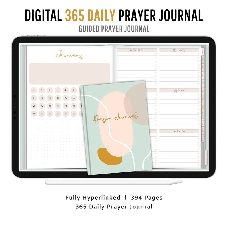 Pode incluir: Um di&aacute;rio de ora&ccedil;&atilde;o digital com um design abstrato verde, rosa e dourado. O di&aacute;rio tem 394 p&aacute;ginas e &eacute; totalmente hiperligado. O texto na capa diz "Prayer Journal".