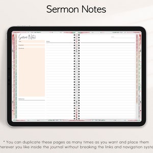 Pode incluir: Modelo digital de notas de serm&atilde;o em um tablet. O modelo inclui se&ccedil;&otilde;es para t&iacute;tulo, pregador, escritura, notas e reflex&atilde;o. As p&aacute;ginas s&atilde;o listradas com uma borda floral e encaderna&ccedil;&atilde;o em espiral. O texto "Sermon Notes" est&aacute; no topo.