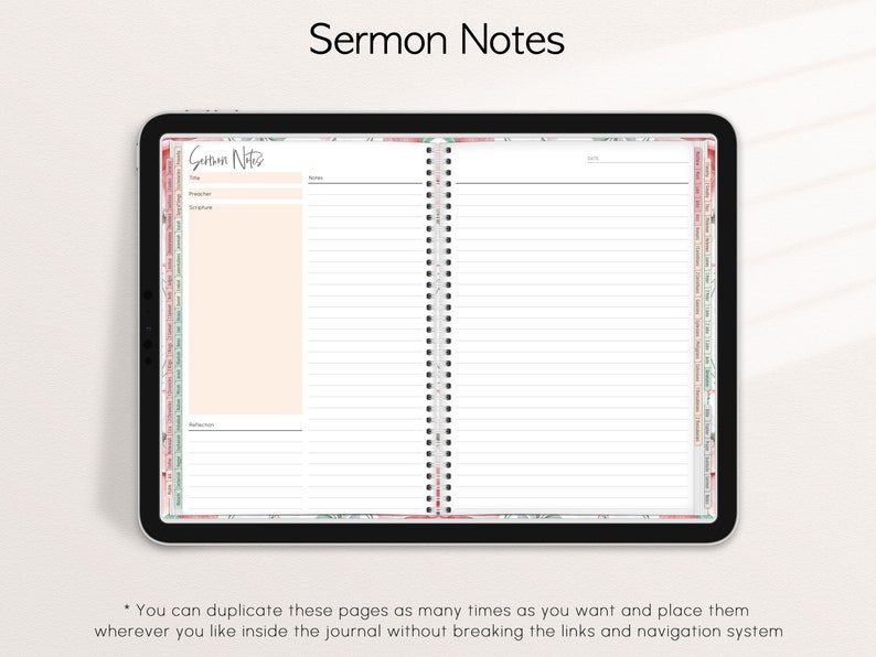 Pode incluir: Modelo digital de notas de serm&atilde;o em um tablet. O modelo inclui se&ccedil;&otilde;es para t&iacute;tulo, pregador, escritura, notas e reflex&atilde;o. As p&aacute;ginas s&atilde;o listradas com uma borda floral e encaderna&ccedil;&atilde;o em espiral. O texto "Sermon Notes" est&aacute; no topo.
