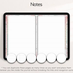 Pode incluir: Caderno digital exibido em um tablet, com p&aacute;ginas pautadas e encaderna&ccedil;&atilde;o em espiral. O caderno inclui abas e v&aacute;rias op&ccedil;&otilde;es de estilo de p&aacute;gina. O texto na parte superior diz "Notes". O texto na parte inferior diz "Voc&ecirc; pode duplicar estas p&aacute;ginas quantas vezes quiser..."