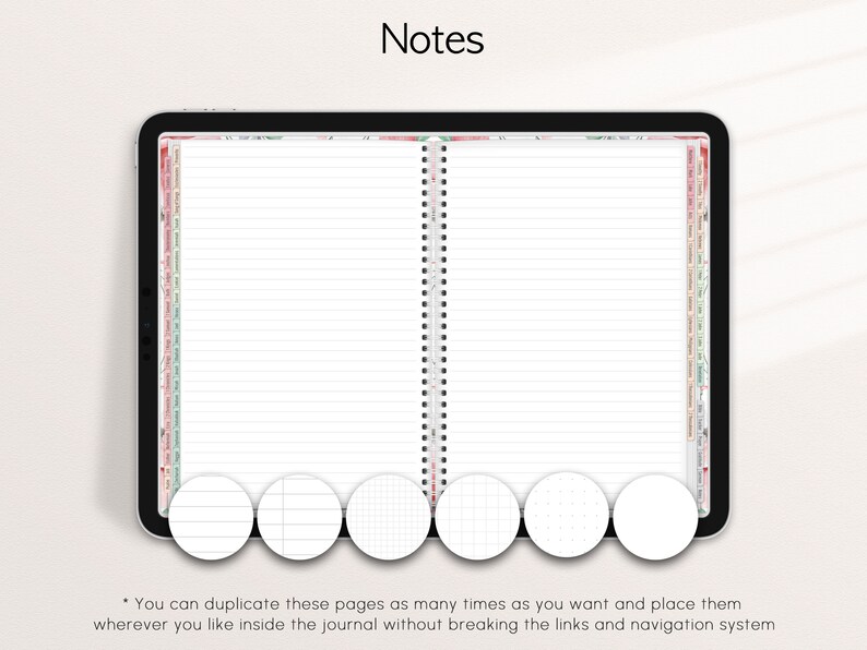 Pode incluir: Caderno digital exibido em um tablet, com p&aacute;ginas pautadas e encaderna&ccedil;&atilde;o em espiral. O caderno inclui abas e v&aacute;rias op&ccedil;&otilde;es de estilo de p&aacute;gina. O texto na parte superior diz "Notes". O texto na parte inferior diz "Voc&ecirc; pode duplicar estas p&aacute;ginas quantas vezes quiser..."