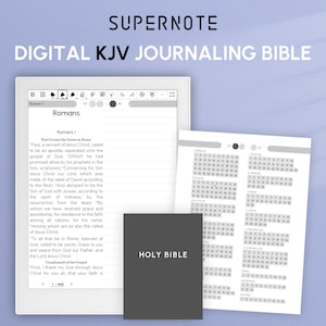 May include: A digital journaling Bible app with a gray interface and the text "SUPERNOTE DIGITAL KJV JOURNALING BIBLE" at the top. The app is open to the book of Romans, chapter 1, and the text is visible. The app also includes a reference guide for the books of the Bible.