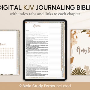 Könnte beinhalten: Digitale KJV-Journal-Bibel mit Registerkarten und Links zu jedem Kapitel. Der Einband zeigt ein florales Design mit braunen und beigefarbenen Blättern und Blumen auf weißem Hintergrund. Der Text "Holy Bible" ist in Braun gedruckt.