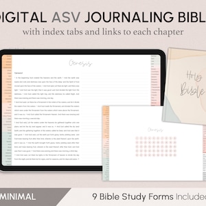 May include: Digital ASV Journaling Bible with index tabs and links to each chapter. The cover features a watercolor design with the words "Holy Bible" in a handwritten font. The image also shows a digital page with the book of Genesis and a Bible study form.