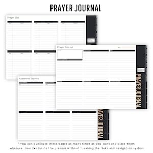 May include: A black and white printable planner with the title "Prayer Journal". The planner includes sections for a prayer list, prayer journal, and answered prayers.