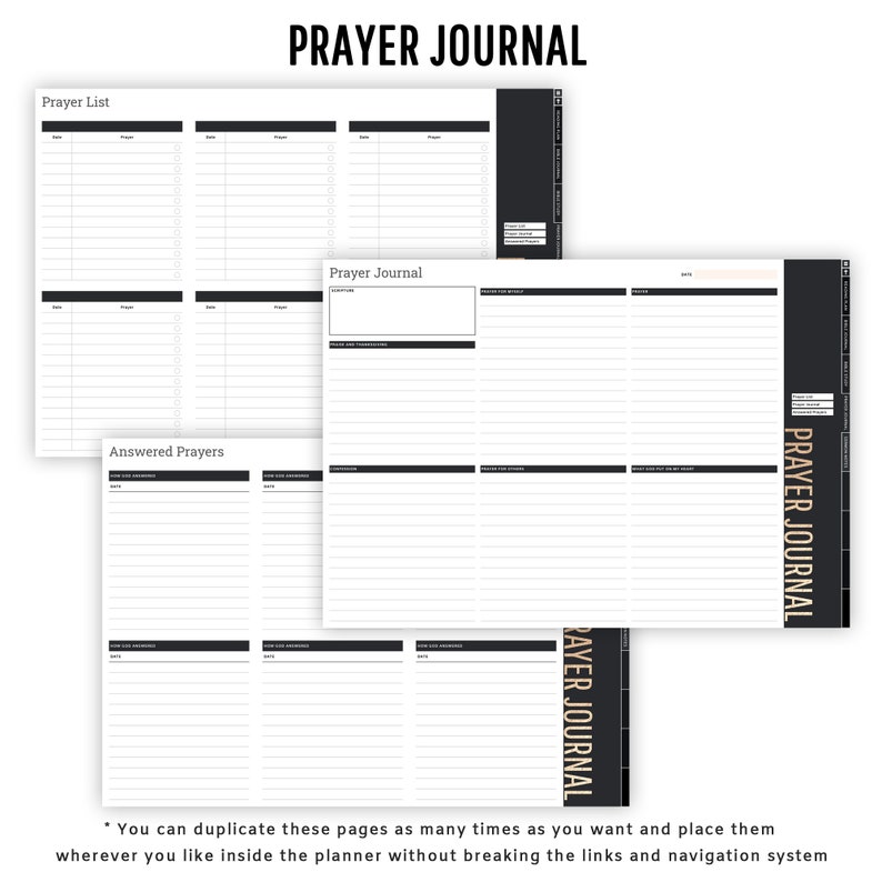 May include: A black and white printable planner with the title "Prayer Journal". The planner includes sections for a prayer list, prayer journal, and answered prayers.