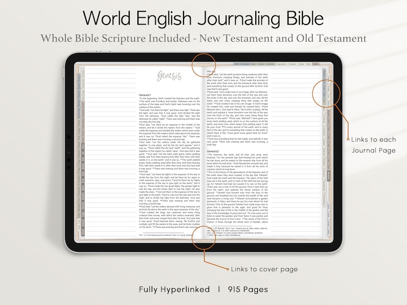 Op de afbeelding: Een digitale tablet waarop een World English Journaling Bible-app wordt weergegeven. De app bevat een volledig gelinkte Bijbel met 915 pagina's. Het scherm toont het boek Genesis, met links naar elke journalpagina en de omslagpagina.