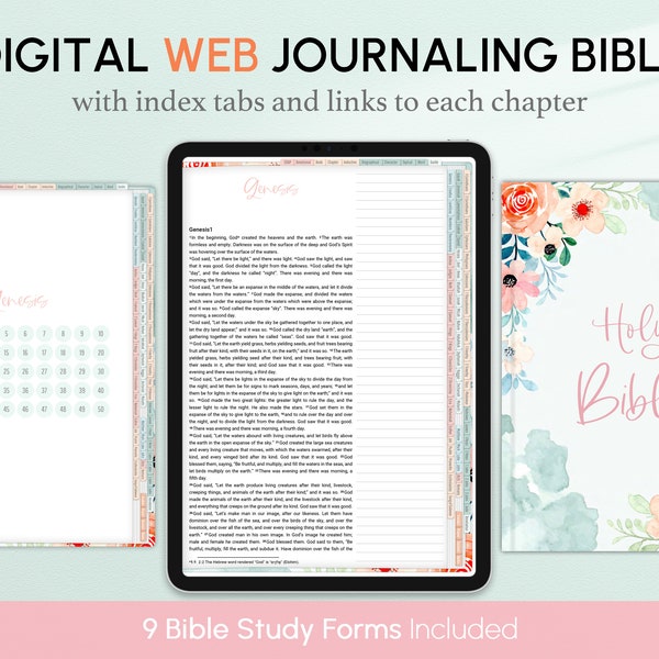 Biblia de diario WEB digital con pestañas de índice, Vertical, Retrato, Rosa, Goodnotes, Xodo