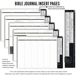 May include: Black and white printable Bible journal insert pages with a grid pattern. The pages include sections for S.O.A.P., devotional, book overview, chapter summary, and inductive study. The pages are designed to be used with a planner.
