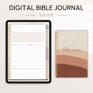 Puede incluir: Diario de la Biblia digital con una portada marrón, beige y rosa. La portada tiene el texto "Bible Journal". El diario está abierto en una página con el texto "Mateo" y una sección para "Escritura", "Observación", "Aplicación" y "Oración".