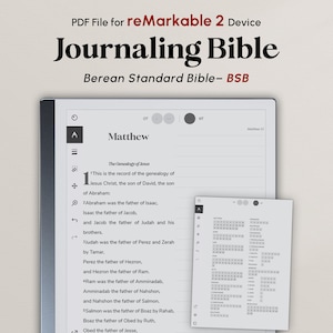 May include: A digital PDF file for a reMarkable 2 device, displaying a Journaling Bible. The screen shows the text of Matthew from the Berean Standard Bible. A smaller window displays a calendar. The text "PDF File for reMarkable 2 Device Journaling Bible" is at the top.