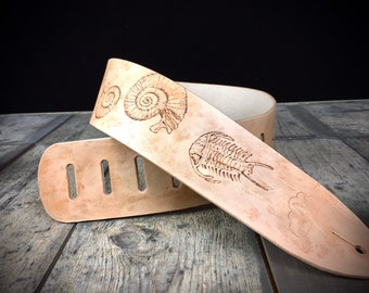 fossils guitar/bass strap, pyrography, genuine leather