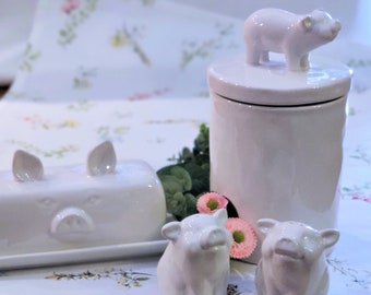 Pig storage jar butter dish salt and pepper shakers tableware set gift kitchen country house farm ceramic white