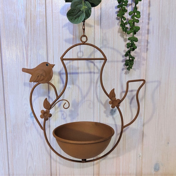 Bird bath coffee pot garden metal water bowl balcony terrace garden house tree chain for hanging rust colored