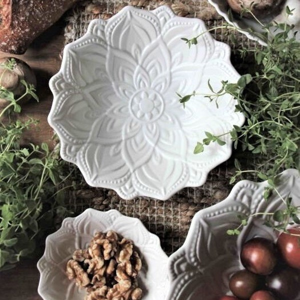 Bowl Ceramic White Floral Pattern Bowl Candle Plate Candle Holder Flower Kitchen Table Serving Gift Housewarming Scandinavian Country House