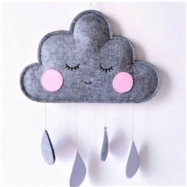 Wolke Regentropfen Filz Kinderzimmer Baby Wanddekoration Kleinkind Bett Dekoration grau rosa