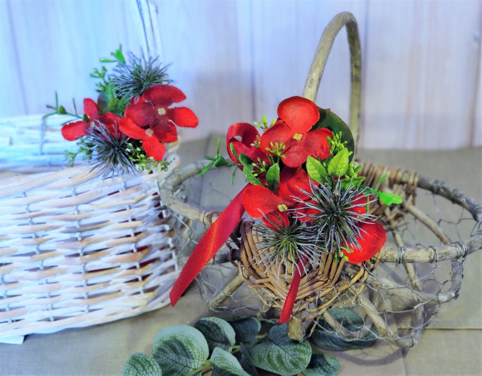 Wedding Flower Basket Red and Green Hydrangea Thistle Basket Etsy