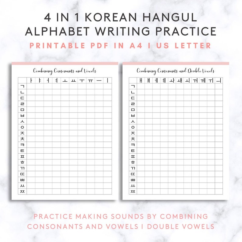 Korean Writing Practice Sheet Korean Alphabet Hangul | Etsy