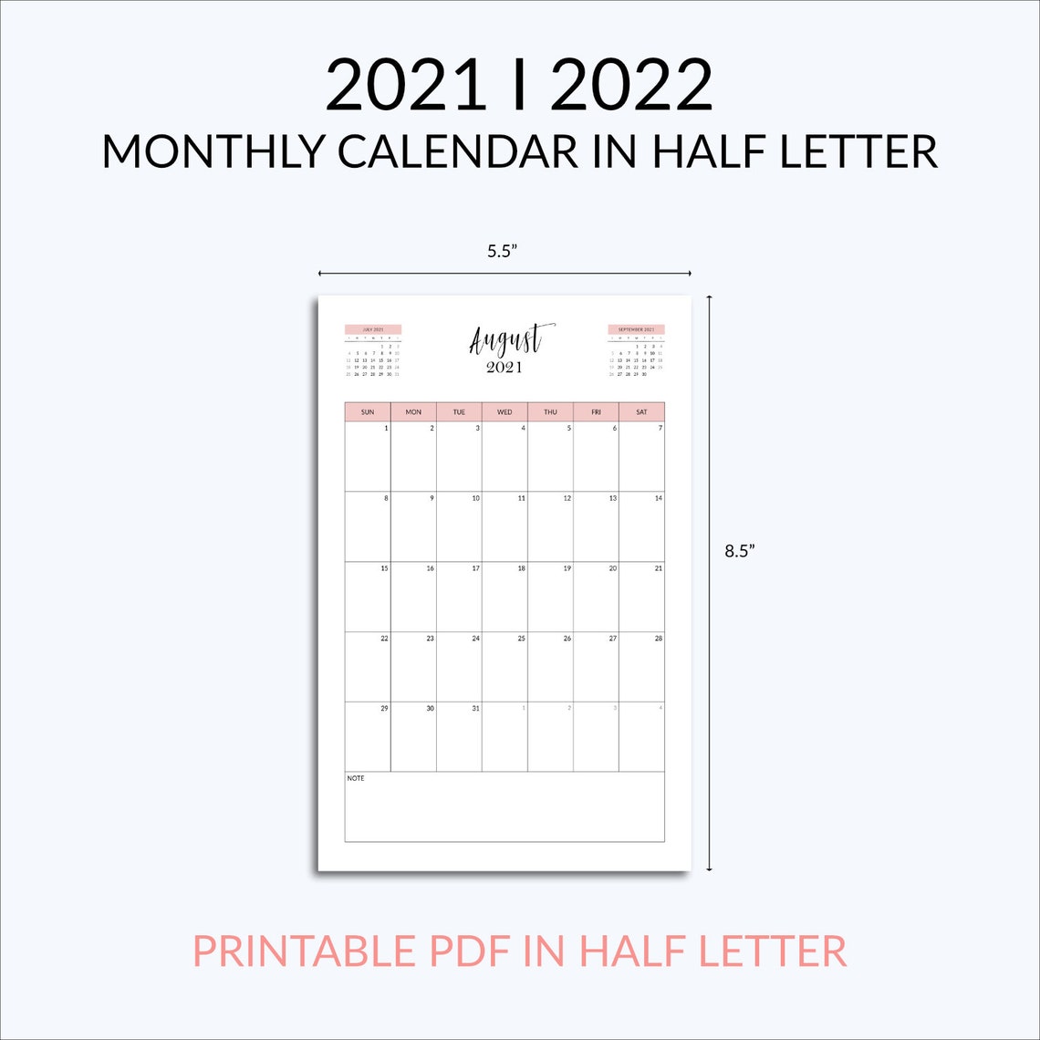 half letter size printable calendar 2021 2022 mini binder etsy