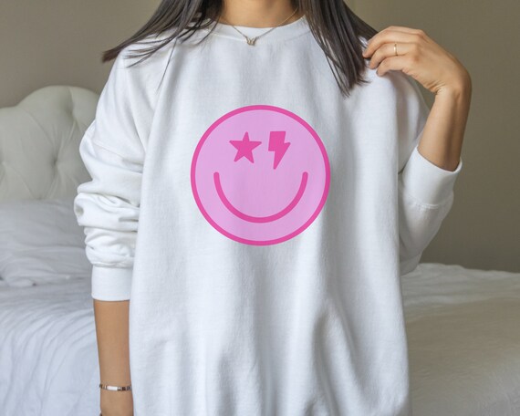 Smiley Face Star Sweatshirt Preppy Sweatshirt Pink Smiley Face