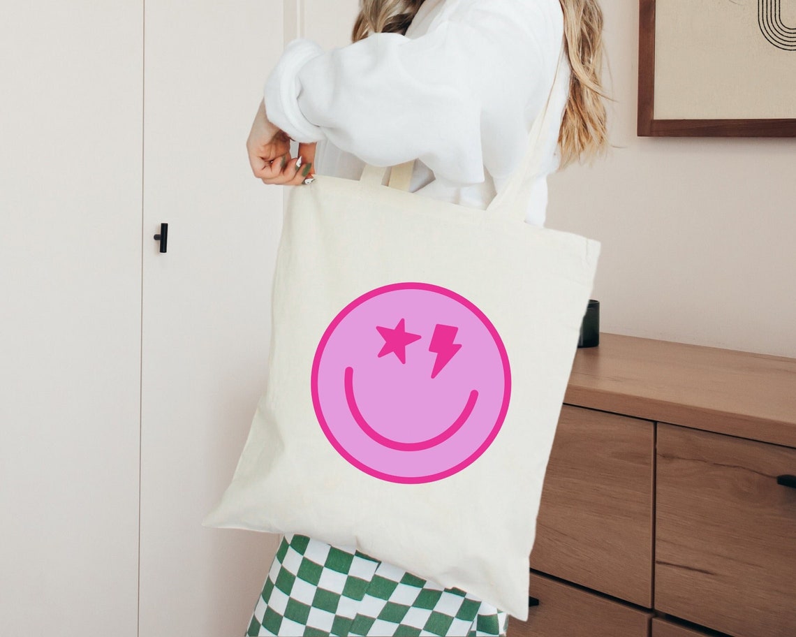 Preppy Smiley Face Bag Pink Smiley Face College Tote Bag Etsy