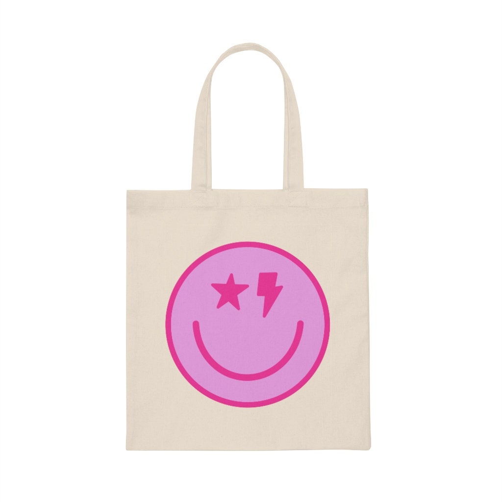 6 Pieces Preppy Tote Bags Cute Tote Bags Aesthetic Bag Pink Happy Face  Canvas Tote Bag for Women Reusable Inspirational Gifts for Women Beach Bags