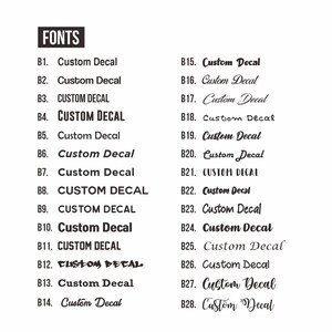 May include: A list of 28 different font styles for custom decals, labeled B1 through B28. Each font style is shown with the text "Custom Decal".